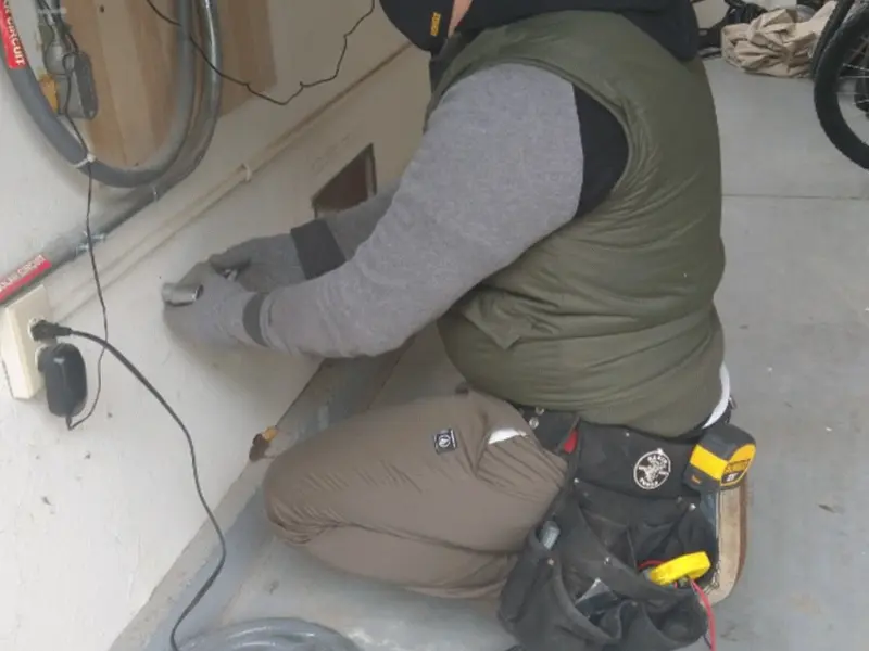 Electrician performing outlet wiring in a Waverly garage